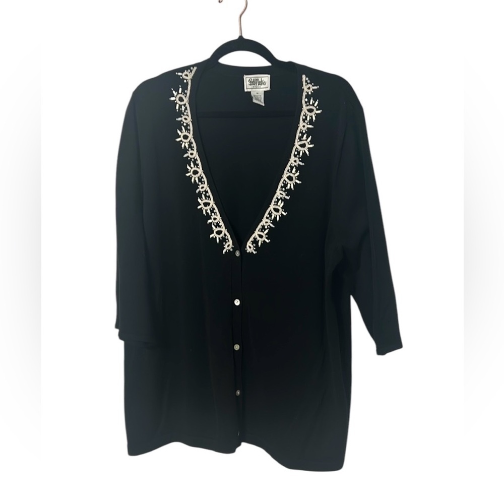 Bob Mackie Black Cotton Blend Bead and Embroidery Embellished V neck Cardigan 1X